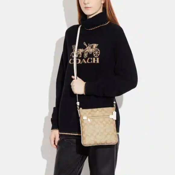 COACH Signature Mini Rowan Canvas Light Khaki and Chalk File Crossbody Bag, NWT - Picture 1 of 6